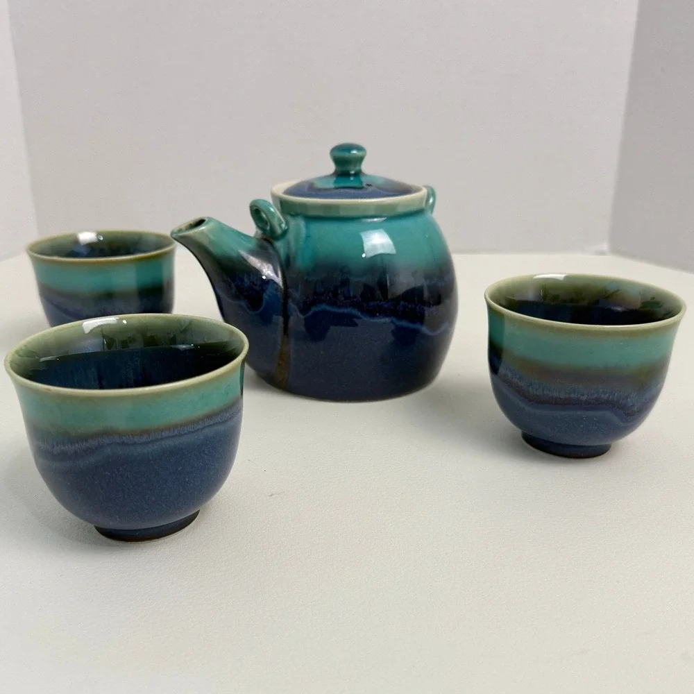 Teavana Japanese Stoneware Tea Set Azure‎ Blue Teapot Cups Coastal Zen Decor